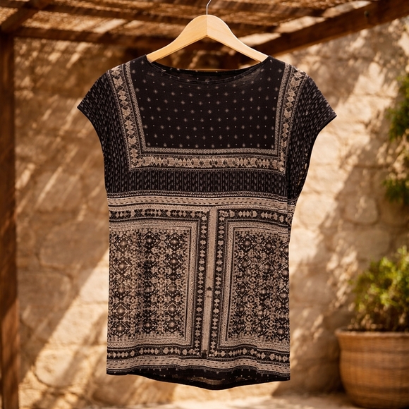 Lucky Brand Boho Tie-Front Notch Neck Top - Black & Taupe Medium Great Condition - Picture 9 of 12